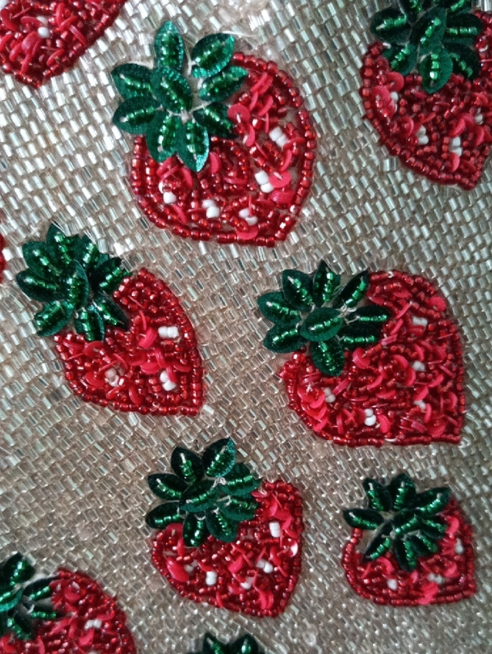 Beaded Strawberry Handbag Tote Bag in Beige and Red Viral - Picture 3 of 7